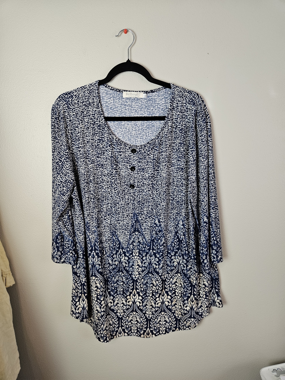 Women's Navy Patterned Scoop Neck Tunic with Decorative Buttons